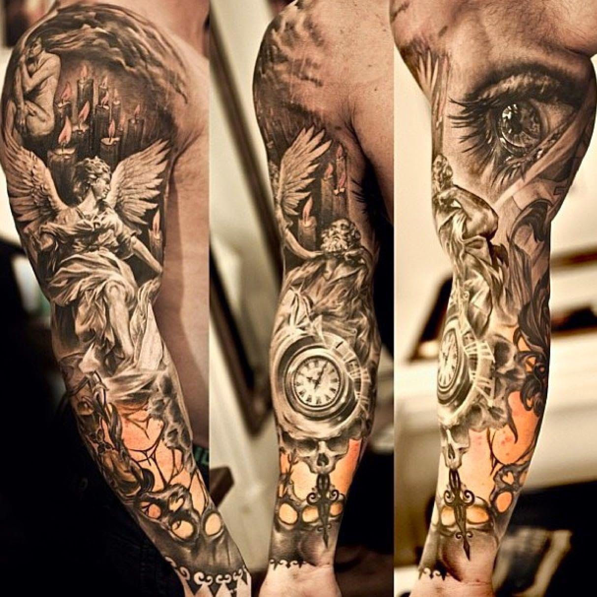 Amazing Archangel With Eye Watch Tattoo On Full Sleeve with size 1213 X 1212