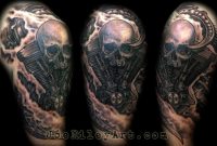Amazing Biomechanic Skull Harley Tattoo On Half Sleeve Tattoos for sizing 1286 X 800