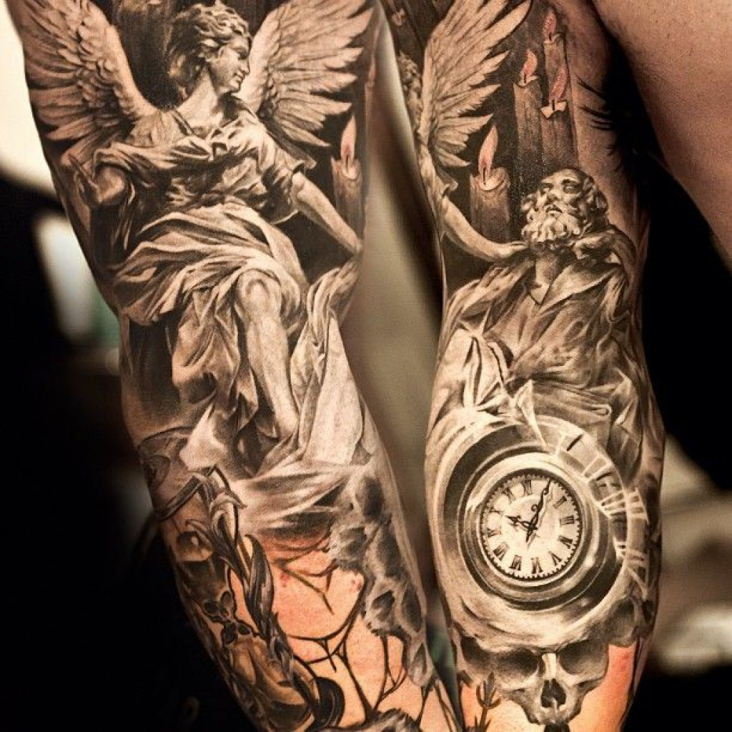 Amazing Grey Ink 3d Statue Tattoo Design For Full Sleeve with measurements 1024 X 1024