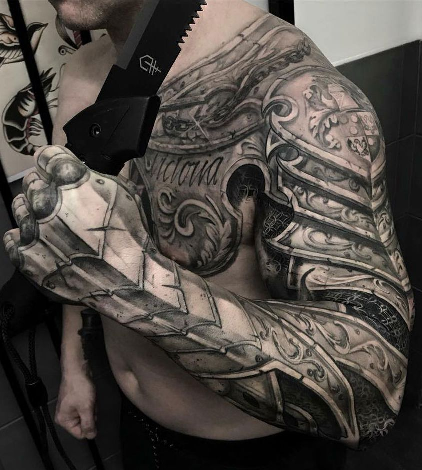 Amazing Half Chest And Sleeve Armour Piece John Lewis Tattoo in dimensions 845 X 940