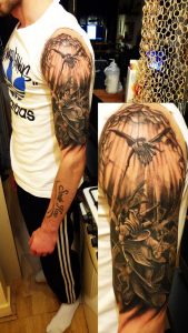 Amazing Man Left Half Sleeve Fallen Angel Tattoo Design Http in proportions 736 X 1308