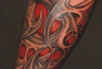Amazing Red And Black Tribal Tattoo Sleeve For Men On Forearm throughout size 800 X 1009