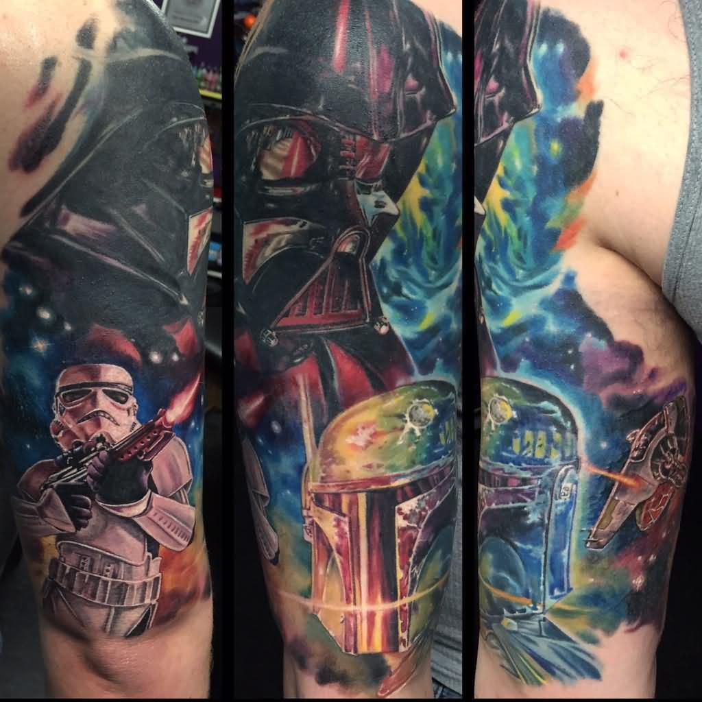 Amazing Star War Fighting Scene Tattoo On Half Sleeve Star Wars in size 1024 X 1024