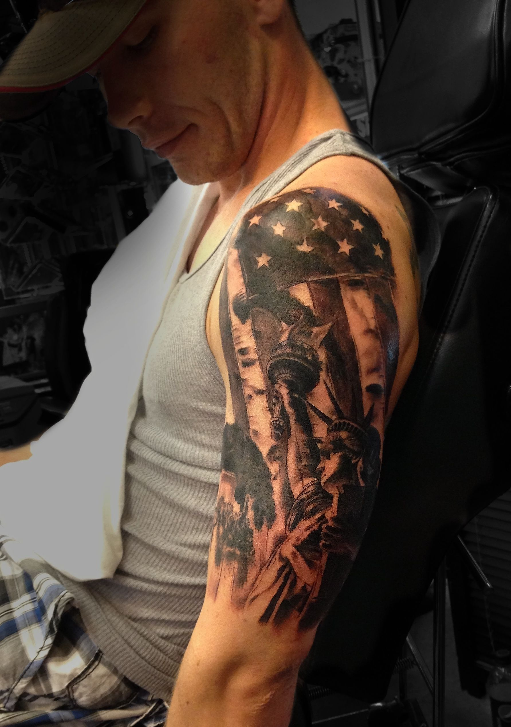 American Flag Liberty Half Sleeve Tattoo Done Angela Grace At regarding proportions 1784 X 2536