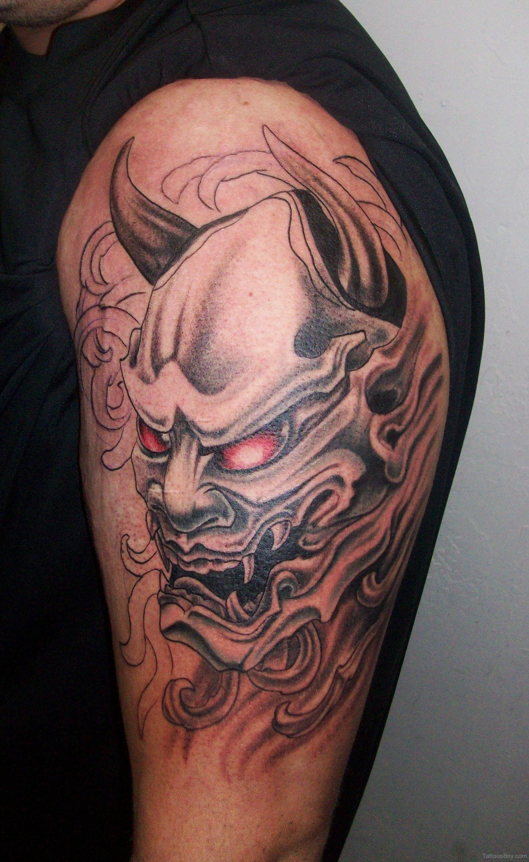 An Image Of Japanese Red Eyed Demon Tattoo On Half Sleeve inside size 1842 X 3000