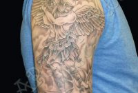 Archangel With Sword Grey Ink Tattoo On Right Half Sleeve Tattoos with regard to sizing 1526 X 1987