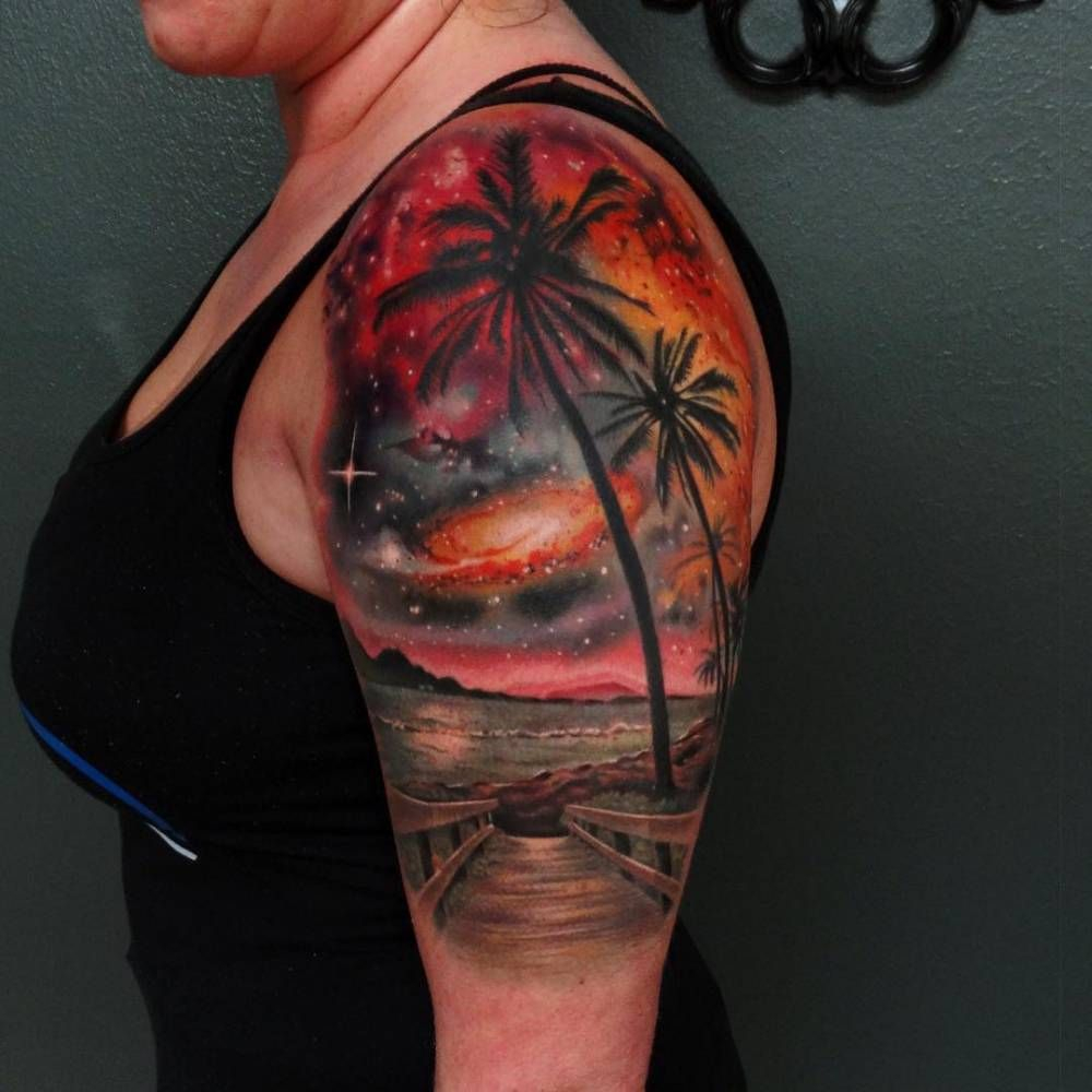 Attractive Beach Scenery Tattoo On Girl Left Half Sleeve Tattoos inside measurements 1000 X 1000