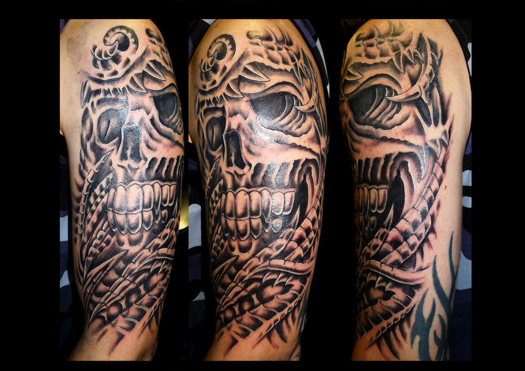 Attractive Biomechanical Skull Sleeve Tattoo Design Tattooshunt intended for sizing 1063 X 751