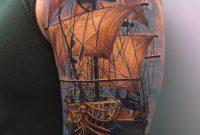 Awesome 3d Pirate Ship Tattoo On Left Half Sleeve with dimensions 884 X 1082