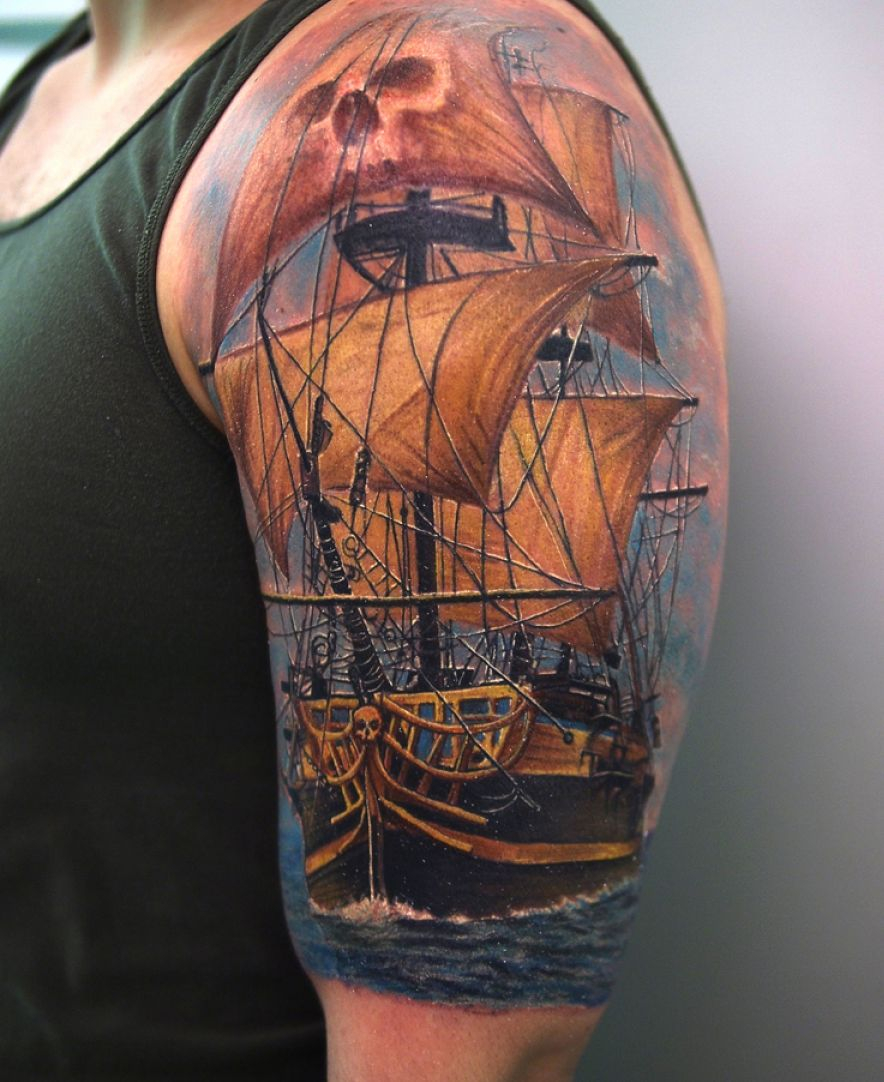 Awesome 3d Pirate Ship Tattoo On Left Half Sleeve with dimensions 884 X 1082