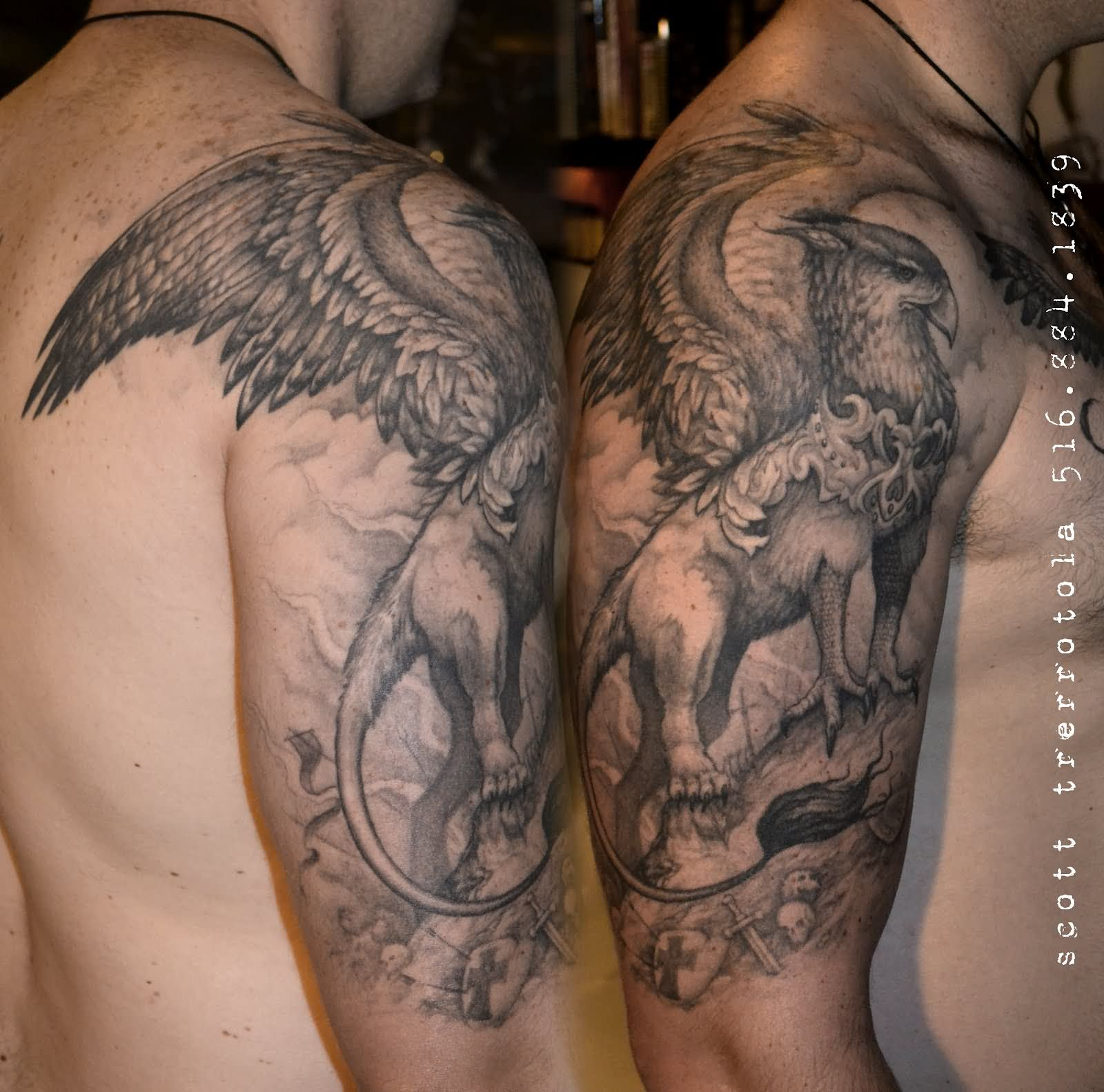 Awesome Black Ink Griffin Tattoo On Man Right Half Sleeve intended for sizing 1600 X 1582