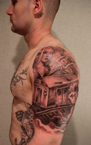 Awesome Grey Gangsta Tattoo On Left Half Sleeve intended for measurements 1007 X 1600