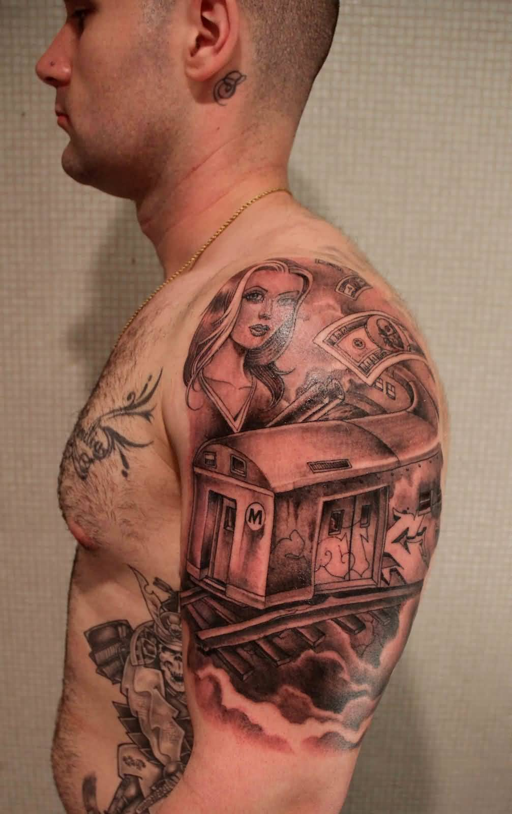 Awesome Grey Gangsta Tattoo On Left Half Sleeve intended for measurements 1007 X 1600