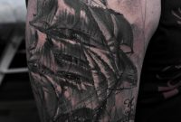 Awesome Jolly Roger Flag In Pirate Ship Tattoo On Right Half Sleeve in dimensions 693 X 1152