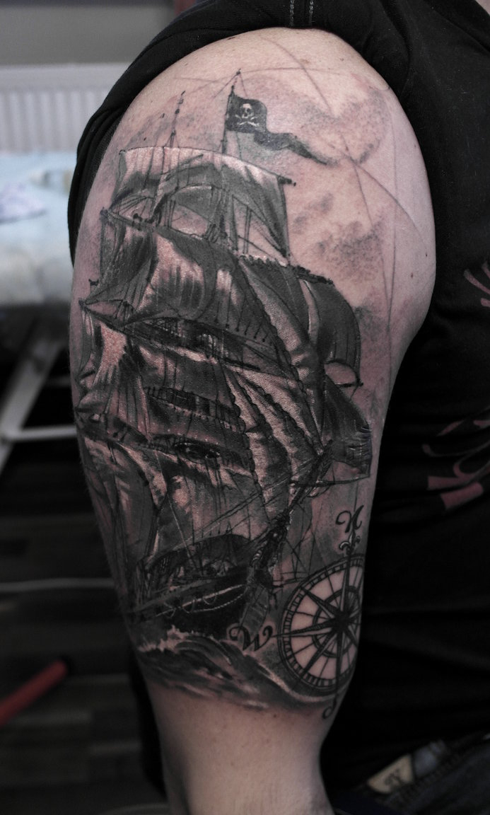 Awesome Jolly Roger Flag In Pirate Ship Tattoo On Right Half Sleeve throughout sizing 693 X 1152