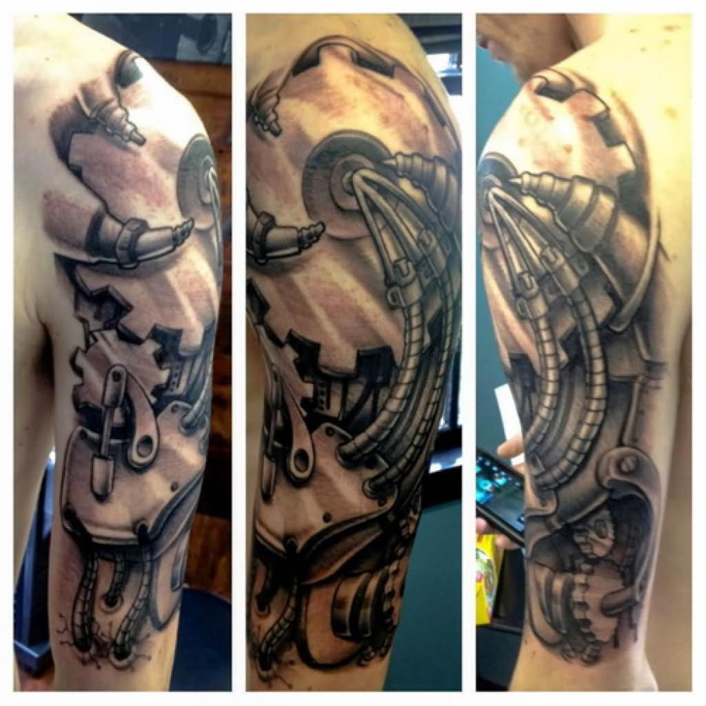 Beautiful Grey Ink Biomechanical Sleeve Tattoo For Men Ideas For for proportions 1024 X 1024