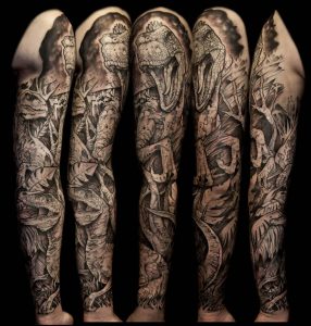 Beautiful Grey Ink Dragon Sleeve Tattoo throughout sizing 916 X 960