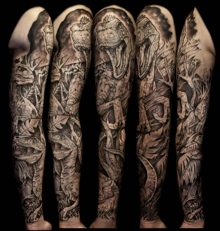 Beautiful Grey Ink Dragon Sleeve Tattoo with measurements 916 X 960