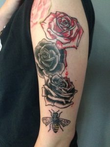 Bee With Roses Tattoo On Left Half Sleeve with regard to measurements 774 X 1032