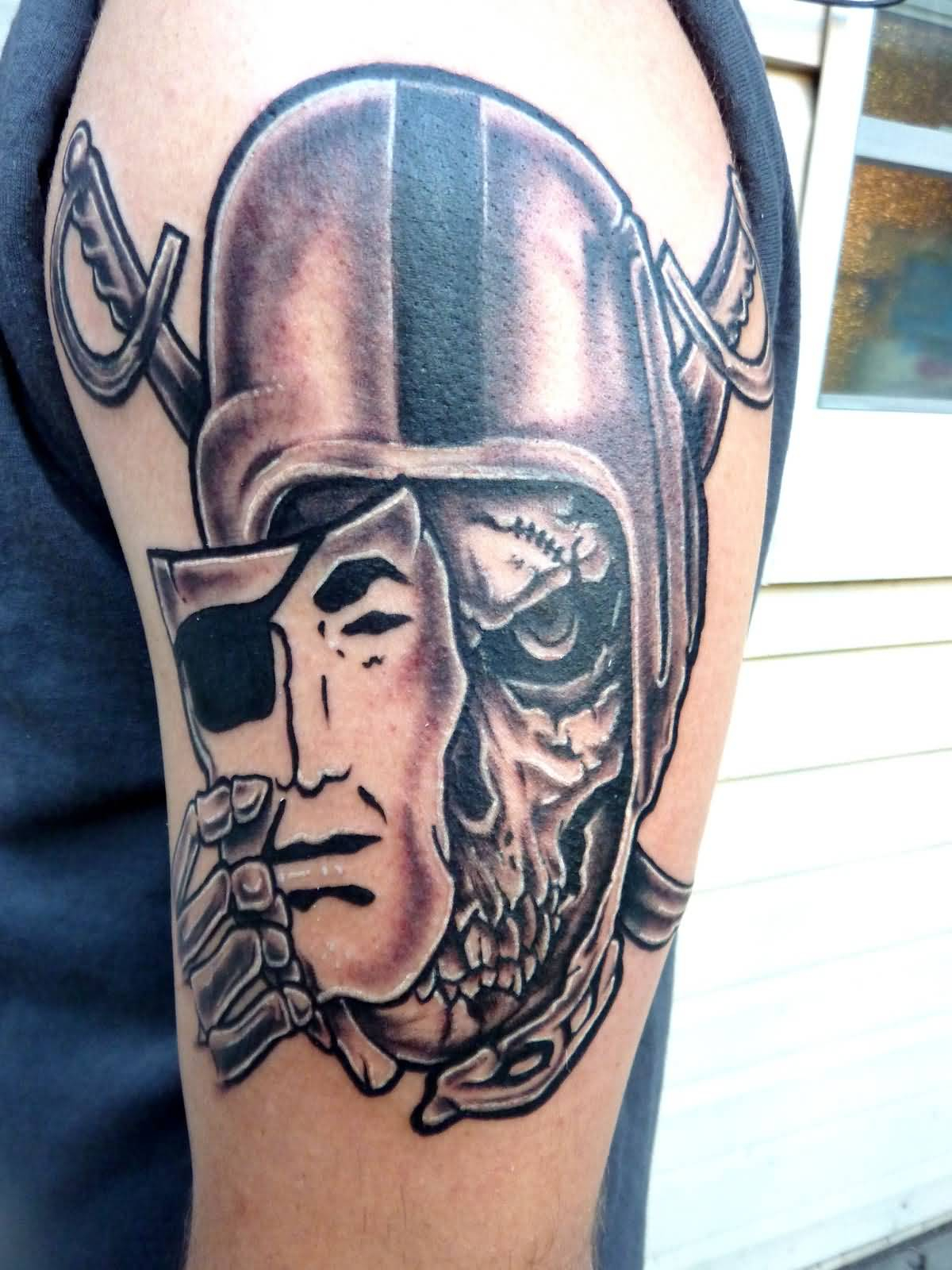 Big Oakland Raiders Skull With Mask Tattoo On Left Half Sleeve for dimensions 1200 X 1600