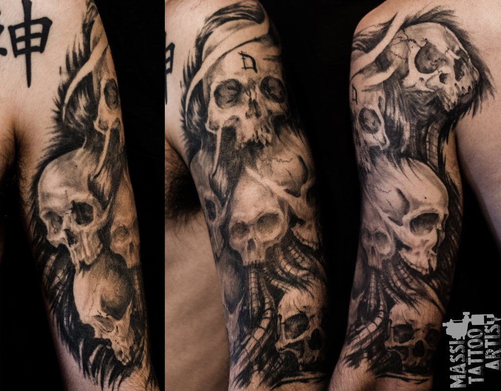 Biomechanical Grey Ink Skulls Sleeve Tattoo within size 1024 X 800