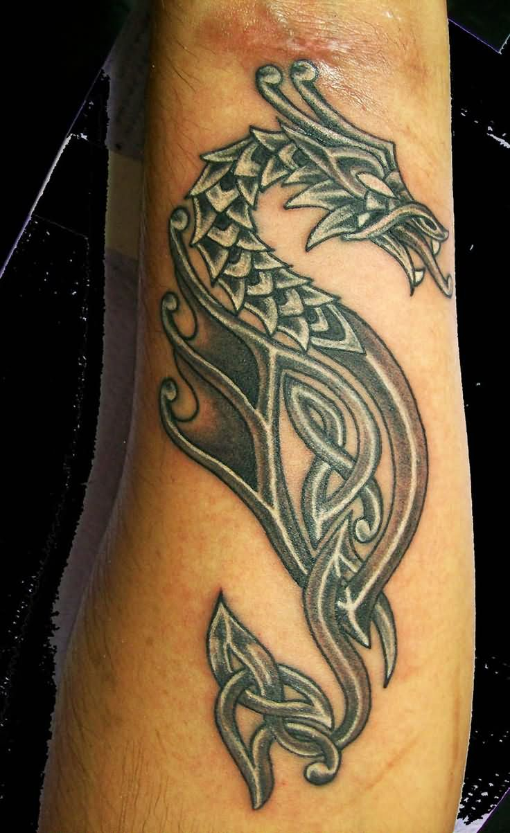 Black And Grey Celtic Dragon Tattoo On Sleeve in measurements 736 X 1203