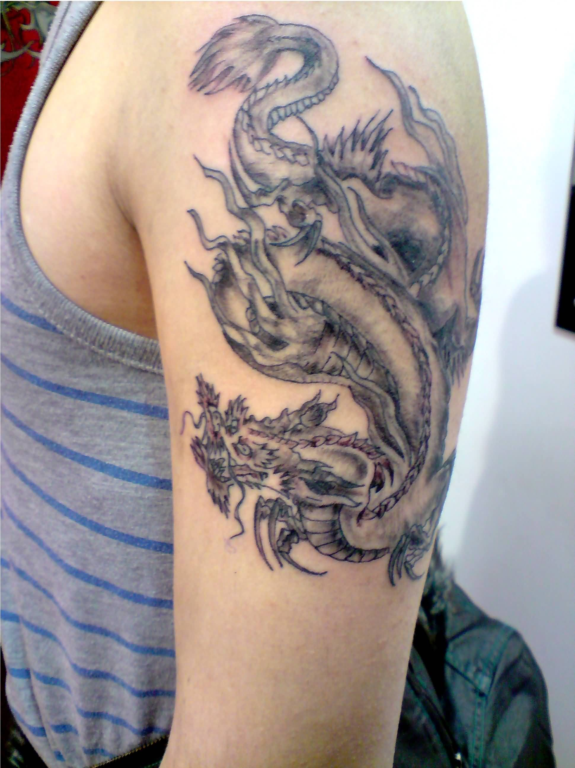 Black And Grey Chinese Dragon Tattoo On Left Half Sleeve inside proportions 1940 X 2594