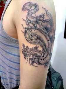 Black And Grey Chinese Dragon Tattoo On Left Half Sleeve throughout dimensions 1940 X 2594