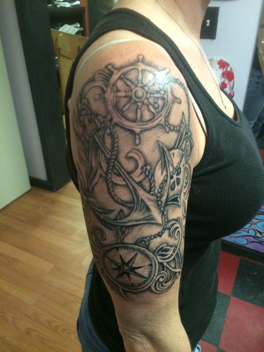 Black And Grey Compass Tattoo Nautical Tattoo Half Sleeve with size 852 X 1136