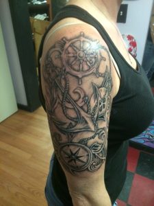 Black And Grey Compass Tattoo Nautical Tattoo Half Sleeve within size 852 X 1136