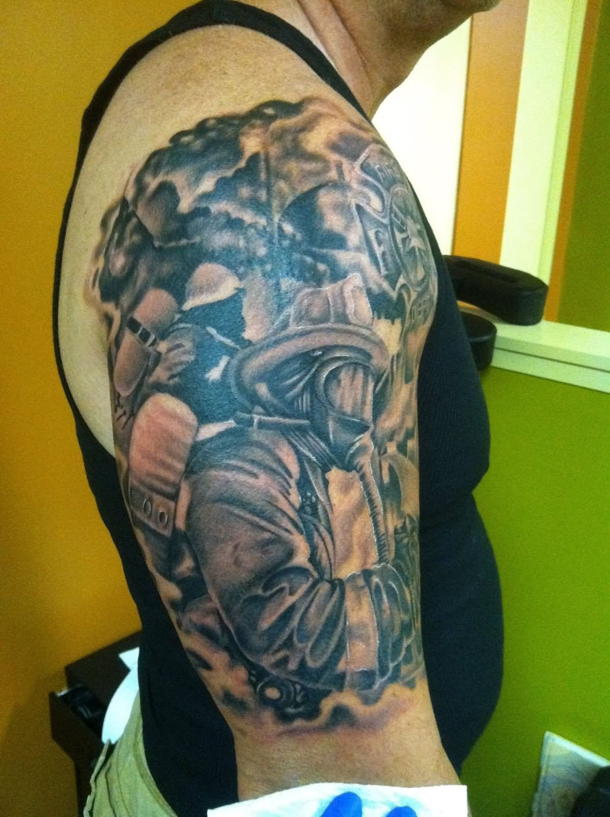 Black And Grey Firefighter Tattoo On Man Right Half Sleeve within dimensions 1195 X 1600
