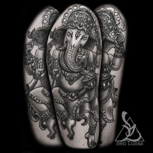 Black And Grey Ganesha Half Sleeve Tattoo On Upper Arm Done Ben in size 1280 X 1280