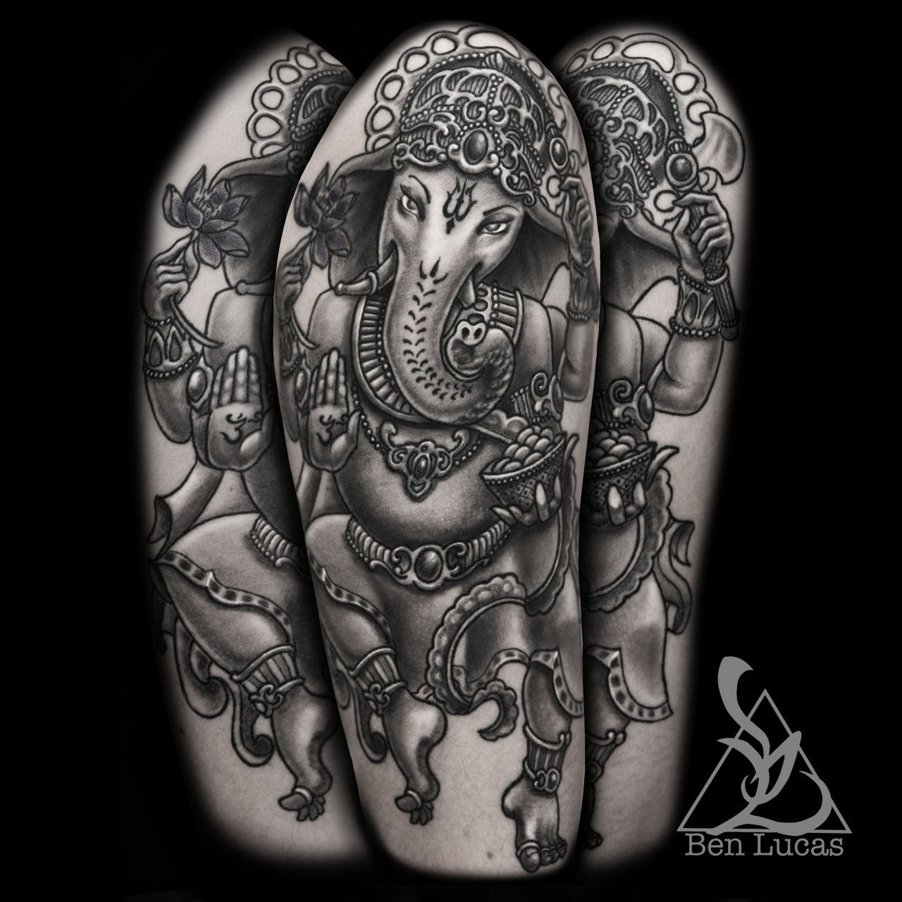 Black And Grey Ganesha Half Sleeve Tattoo On Upper Arm Done Ben in size 1280 X 1280