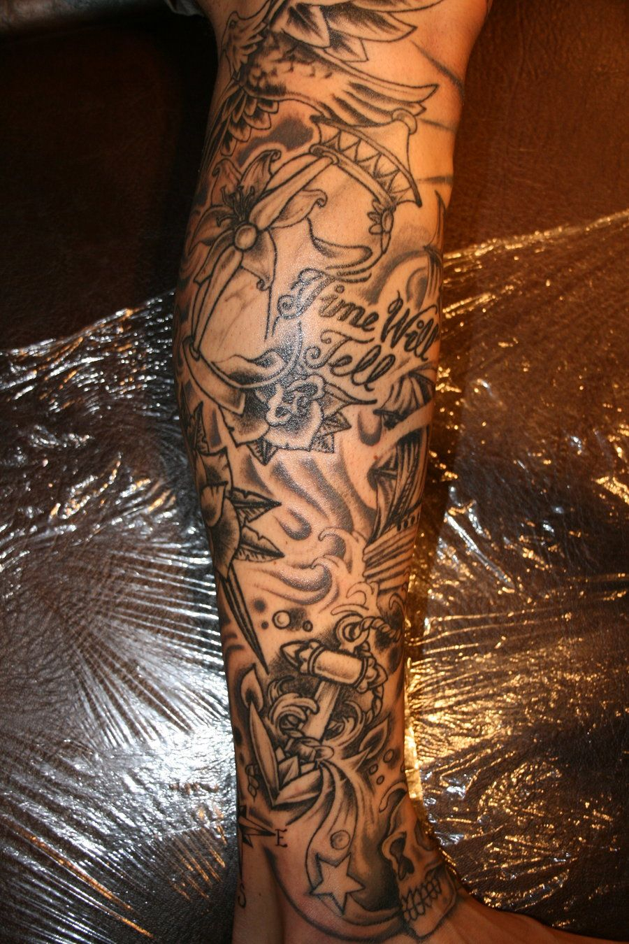 Black And Grey Ink Leg Sleeve Tattoo Design Tattoo Thoughts with regard to proportions 900 X 1350