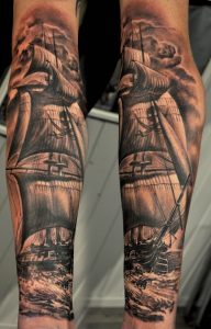 Black And Grey Pirate Ship Tattoo Design For Sleeve for size 736 X 1152