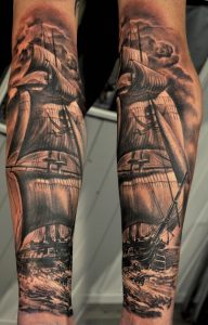 Black And Grey Pirate Ship Tattoo Design For Sleeve inside proportions 736 X 1152