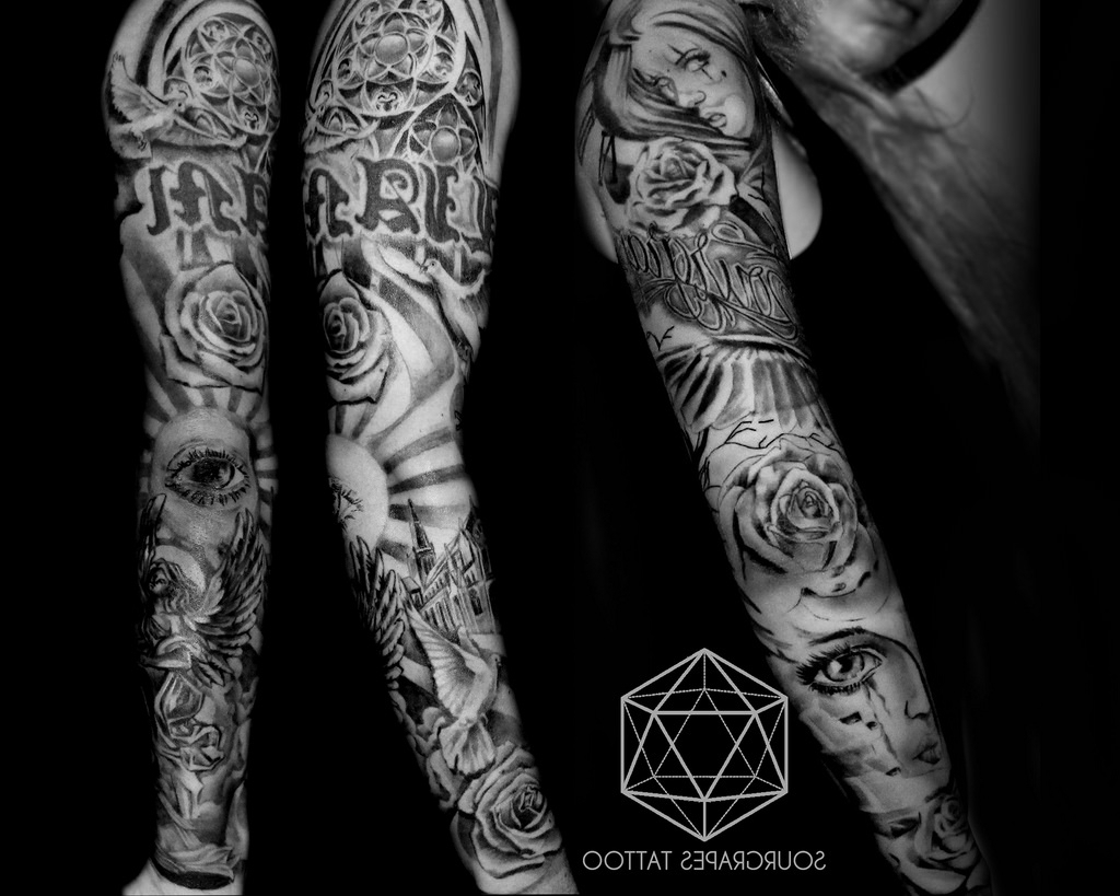 Black And Grey Religious Sleeve Tattoos Tattoo Fantastic throughout size 1024 X 819