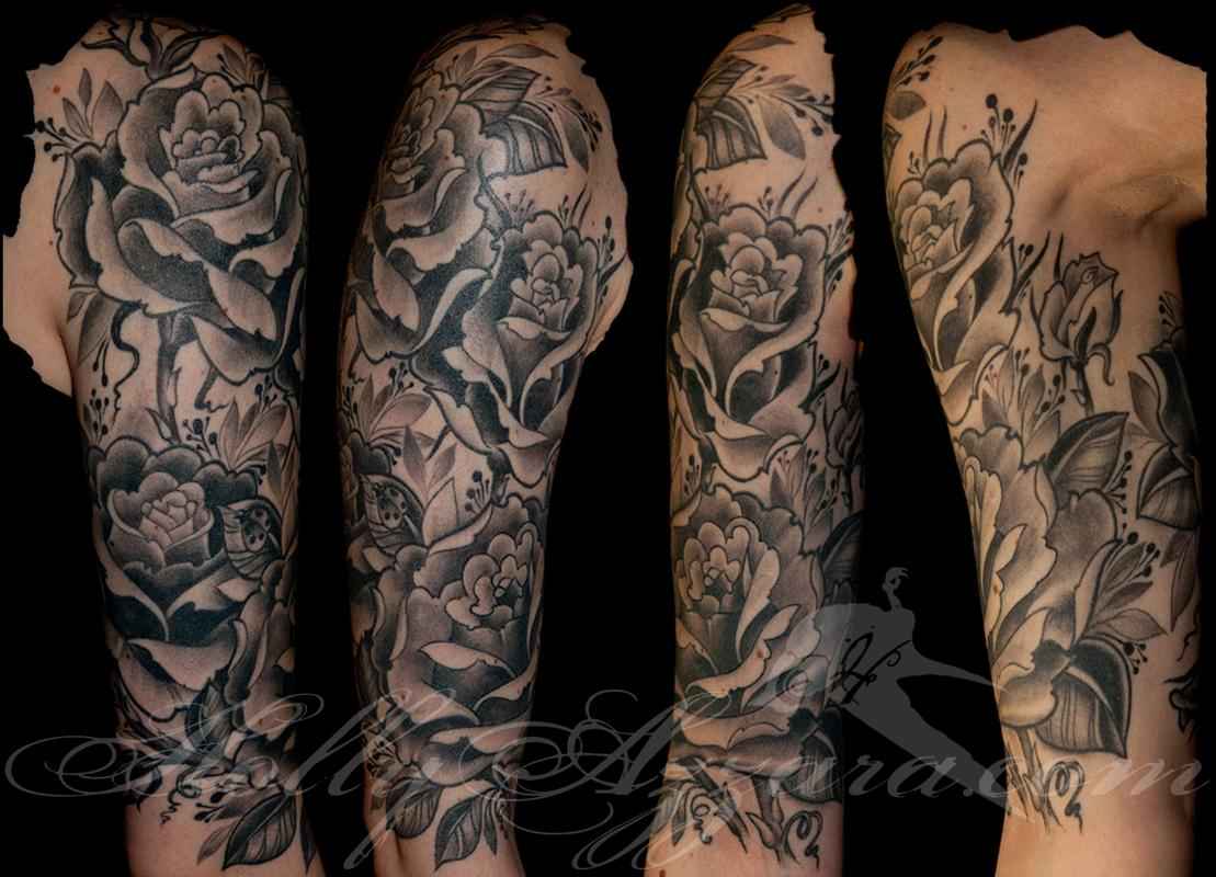 Black And Grey Roses Half Sleeve Holly Azzara Tattoonow regarding measurements 1109 X 800