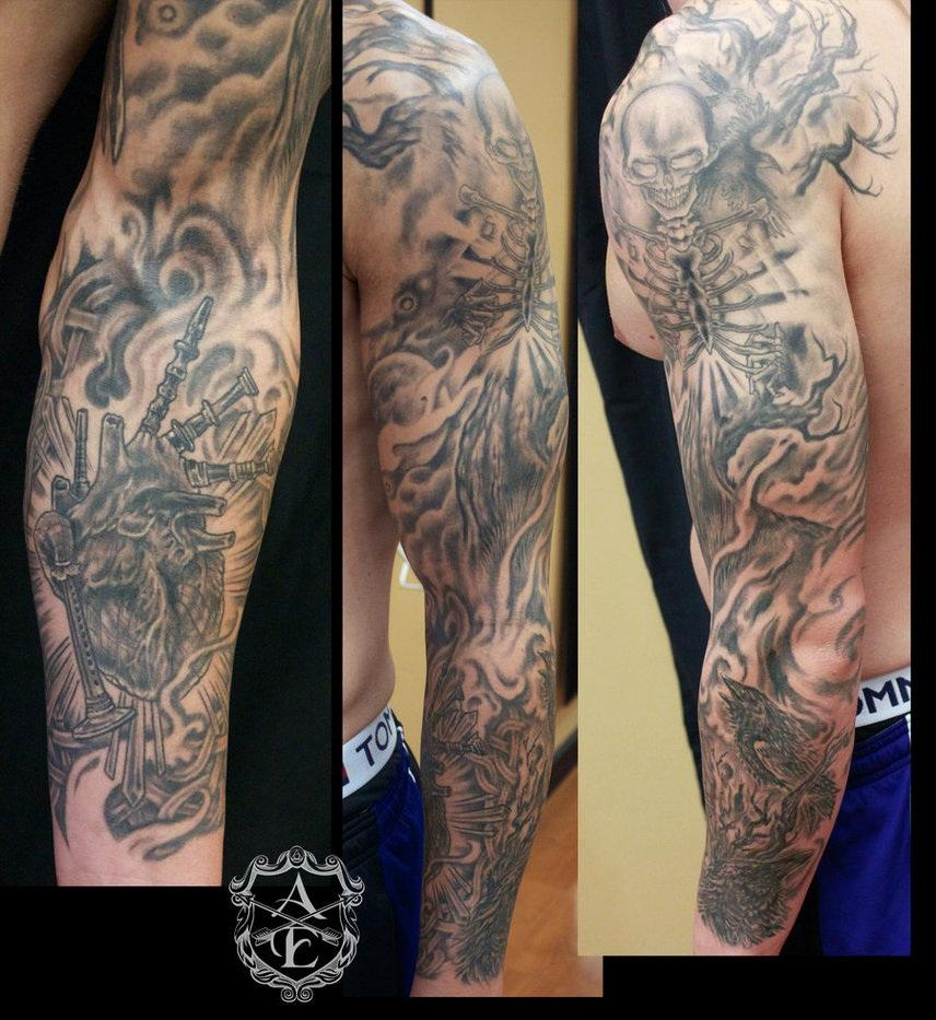 Black And Grey Skeleton And Bagpiper Heart Sleeve Tattoo with regard to dimensions 856 X 933