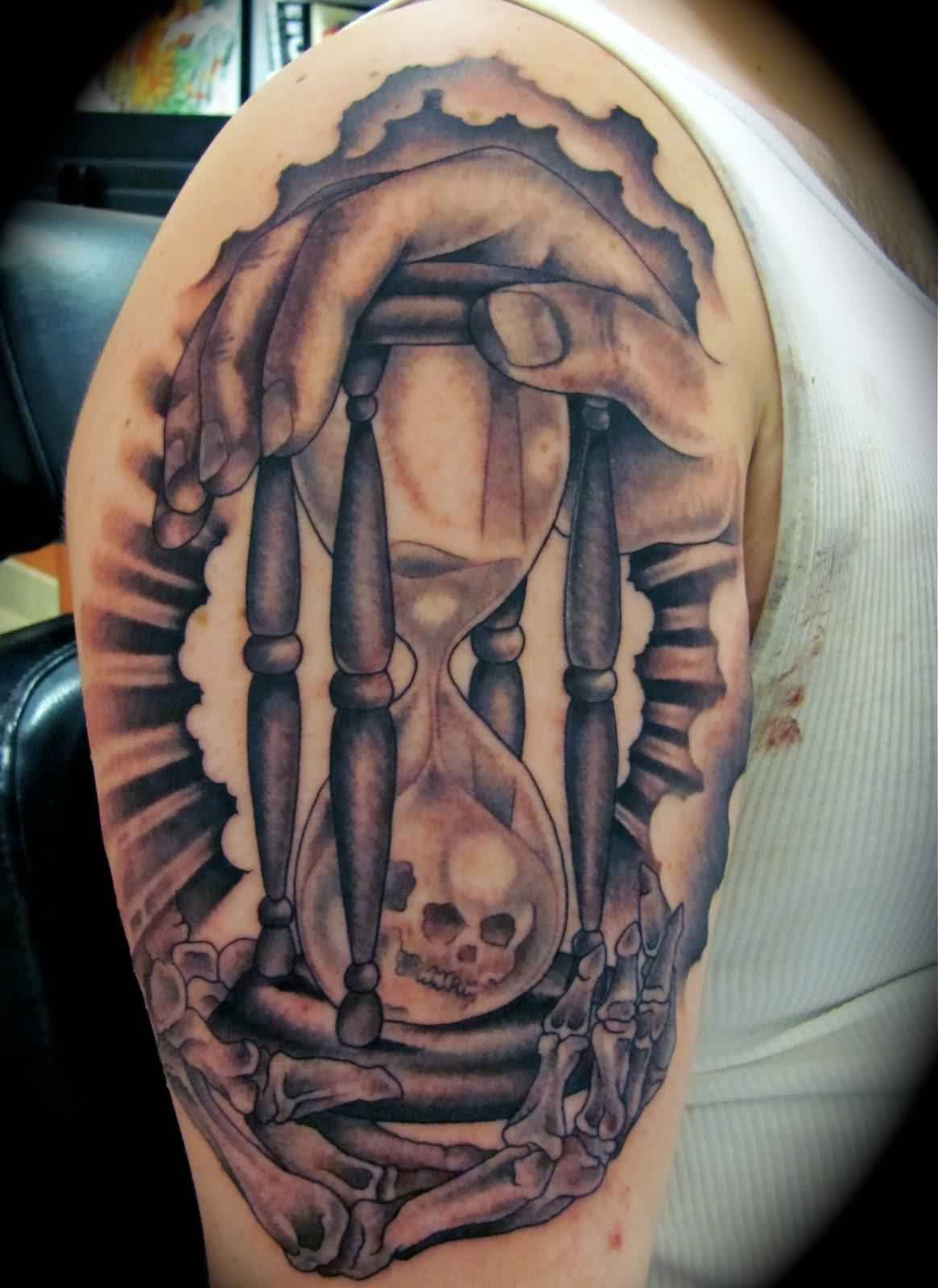 Black And Grey Skull In Hourglass Tattoo On Half Sleeve Winka inside sizing 1165 X 1600