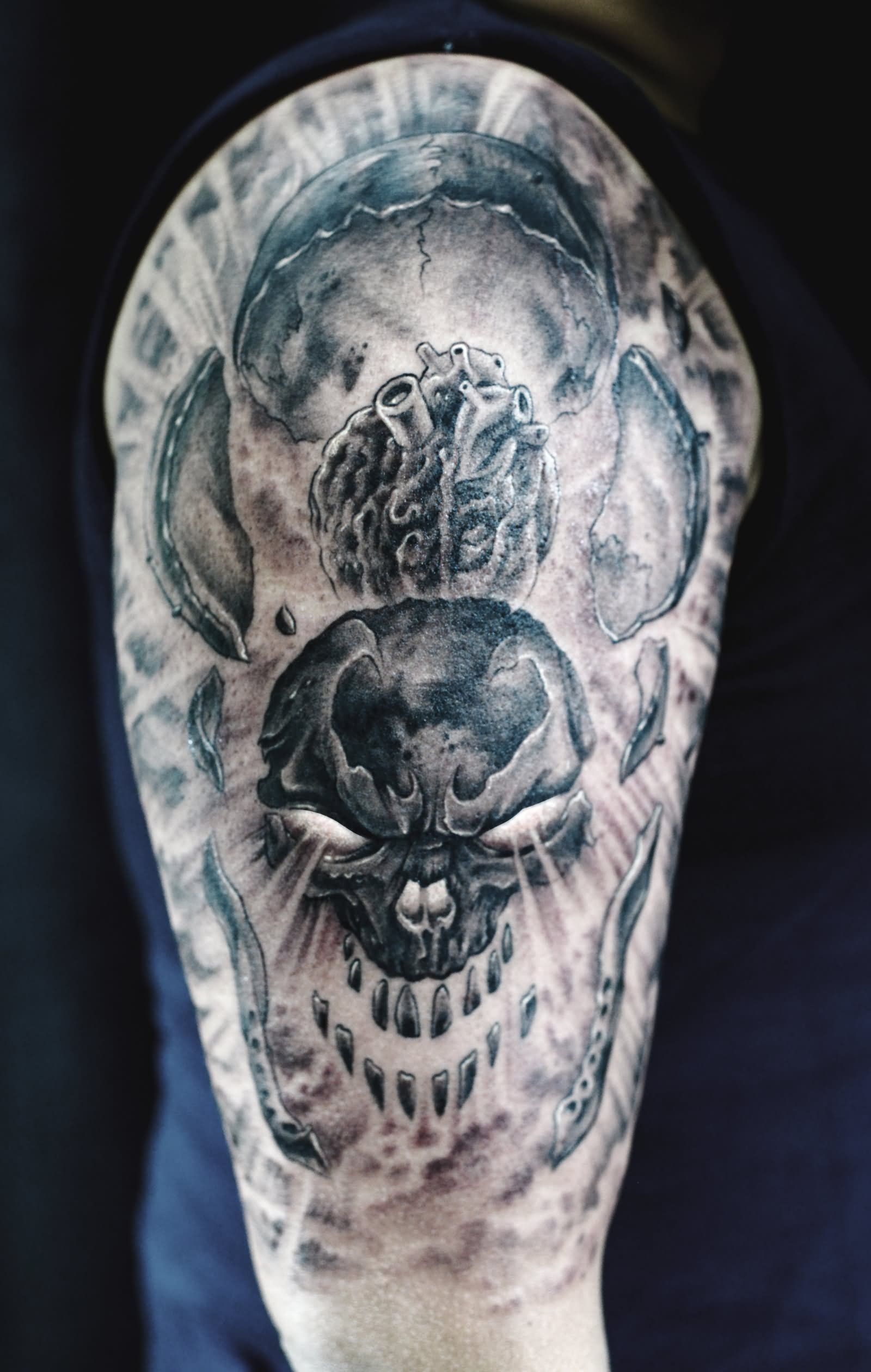 Black And Grey Skull With Real Heart Tattoo On Right Half Sleeve intended for measurements 1600 X 2520