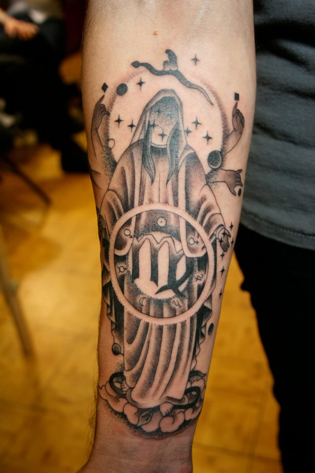 Black And Grey Virgo Tattoo On Right Forearm in proportions 1068 X 1600