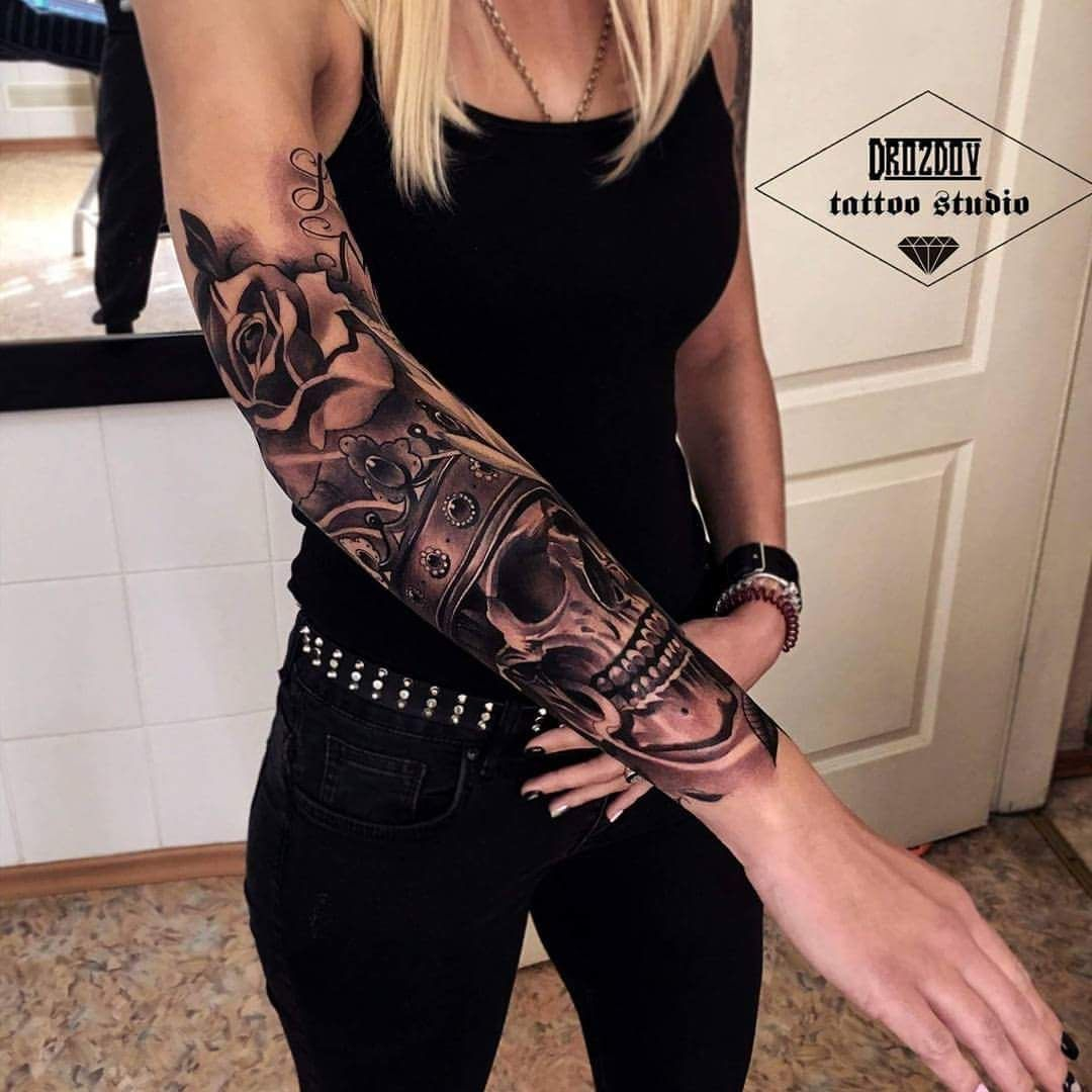 Black And White Half Sleeve Women Tattoo Halfskulltattoo Great for measurements 1080 X 1080