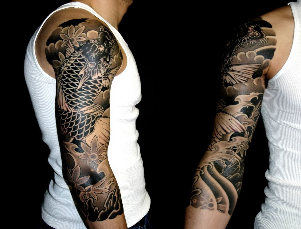 Black And White Japanese Sleeve Tattoo Design Http with proportions 1050 X 800
