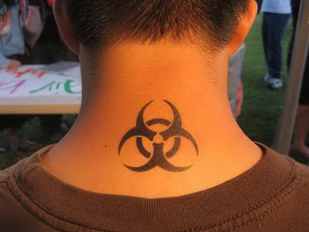 Black Biohazard Tattoo On Man Back Neck with regard to dimensions 1048 X 786