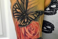 Black Butterflies With Red Rose Tattoo On Half Sleeve for dimensions 688 X 1162