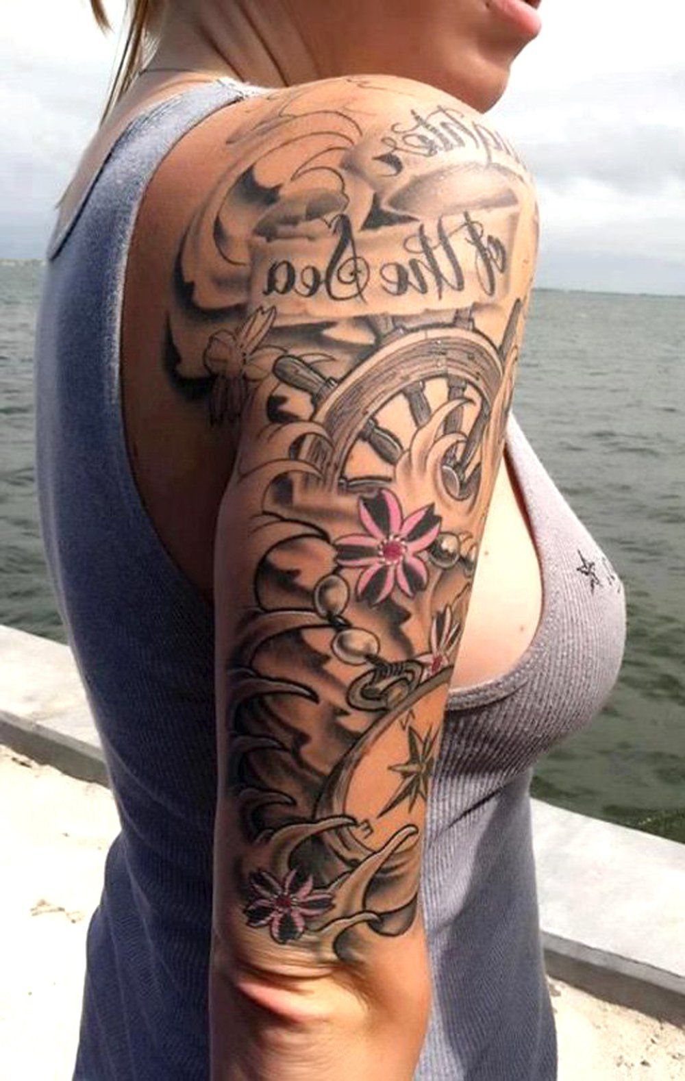 Black Full Arm Sleeve Tattoo Ideas For Women Sea Flower Rudder throughout size 1000 X 1578
