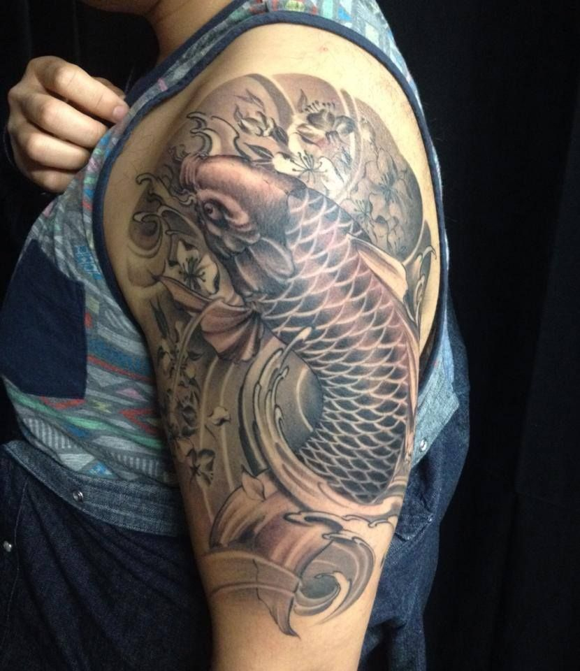 Black Grey Asian Traditional Half Sleeve Koi Fish Tattoo with regard to size 830 X 960