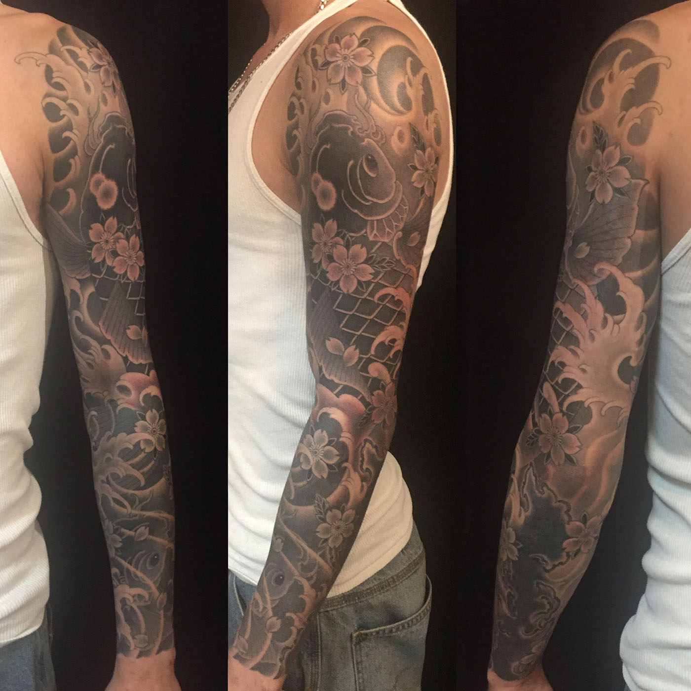 Black Grey Flowers Japanese Koi Sleeve Tattoo Slave To The Needle in dimensions 1400 X 1400