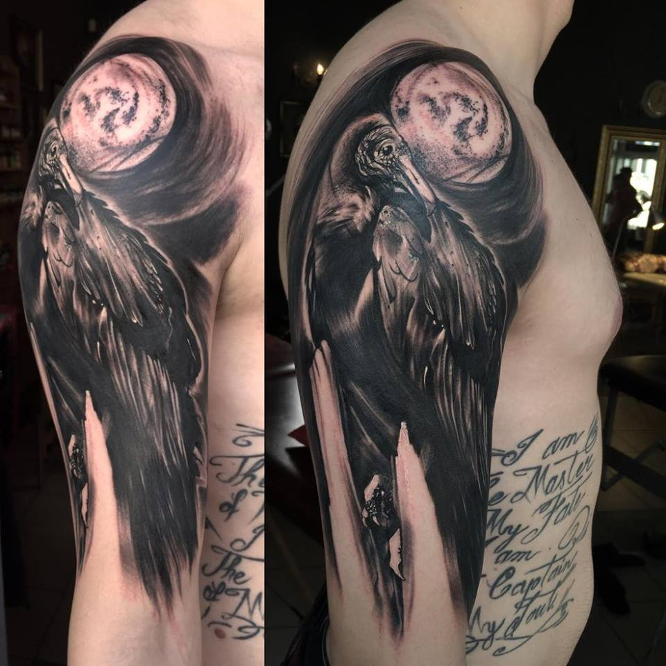 Black Ink Bird Tattoo On Man Right Half Sleeve pertaining to dimensions 960 X 960